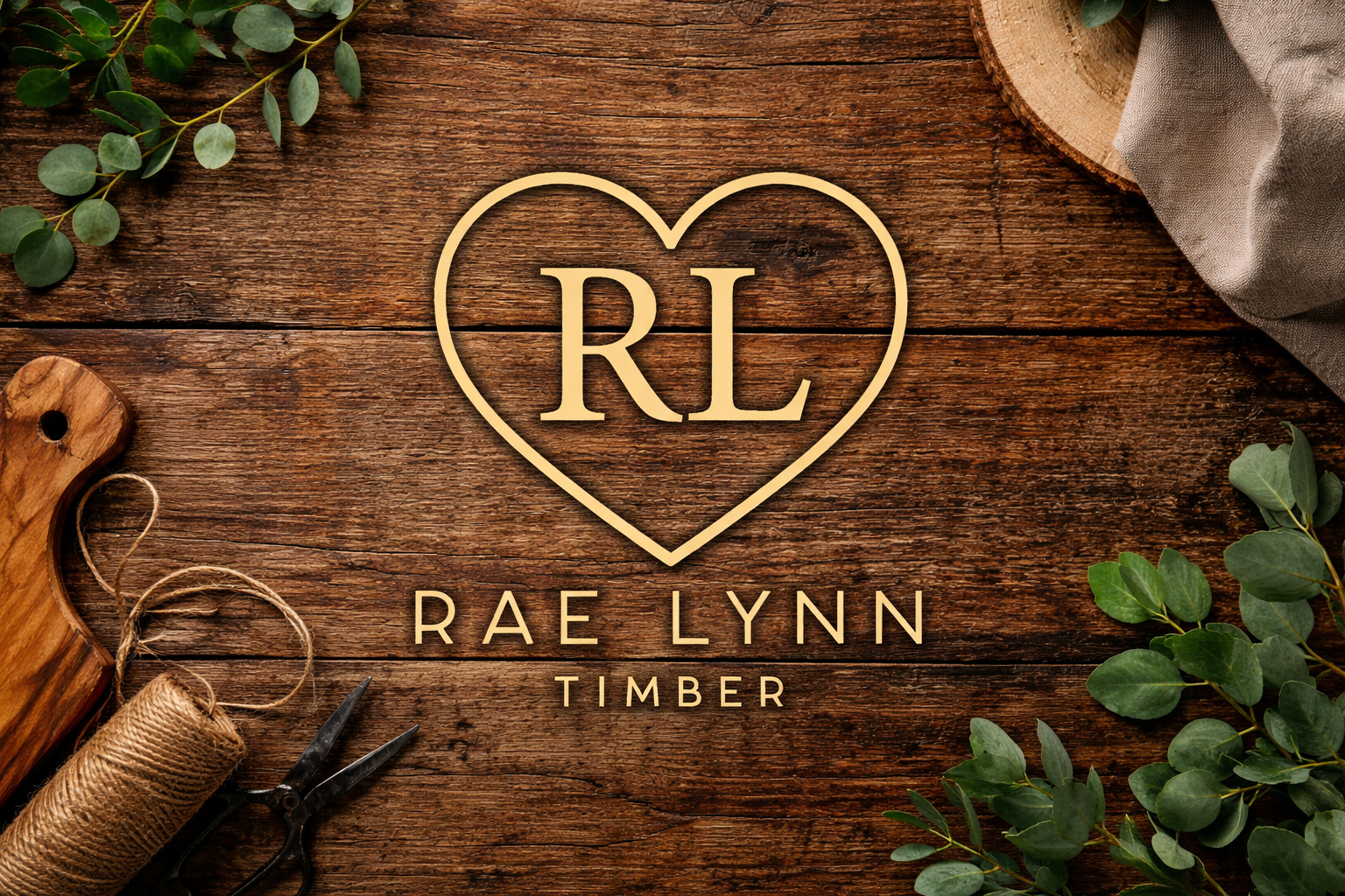 A rustic wooden surface with a heart-shaped frame containing the initials 'RL'. Below, the text reads 'RAE LYNN TIMBER'. Surrounding elements include a small potted plant, a piece of burlap fabric, a spool of twine, a pair of small black scissors, and a wooden slice.