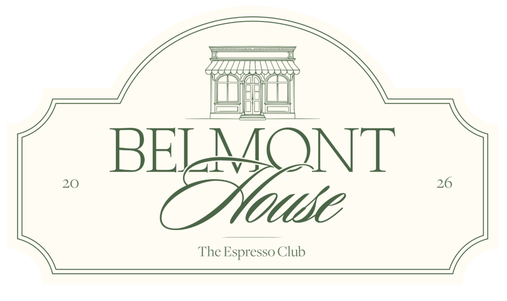 Vintage-style sign for Belmont House, The Espresso Club, with a sketch of a house and elegant script fonts, 1926