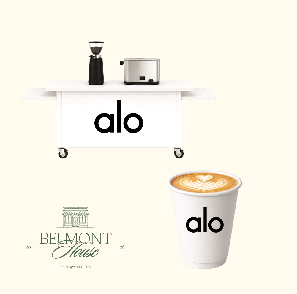 A white coffee cart with the word 'alo' and a coffee grinder, toaster, and coffee cup with latte art, along with a logo for Belmont House, The Espresso Club.