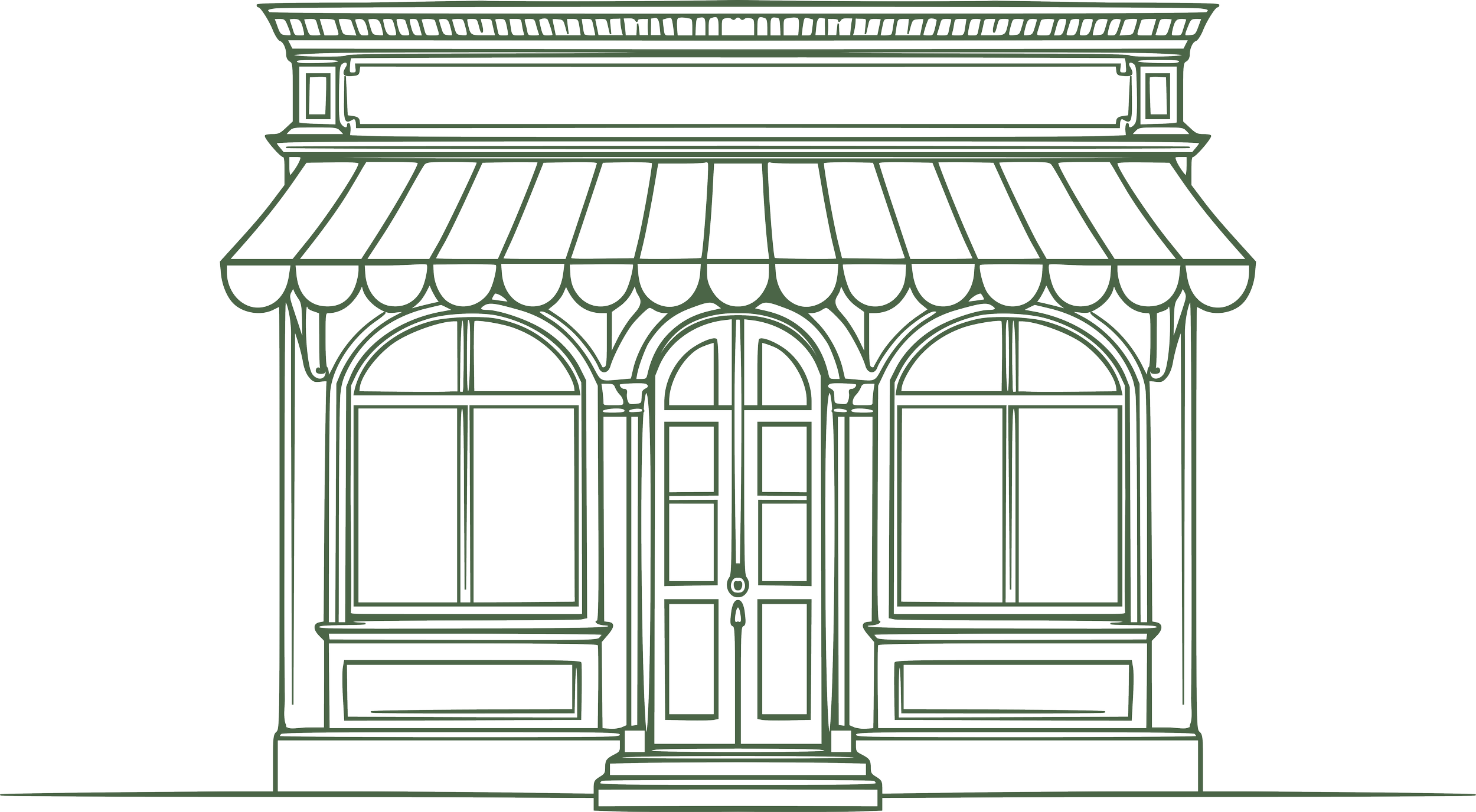 Line drawing of a storefront with large windows, a central door, a striped awning, and decorative molding on the facade.
