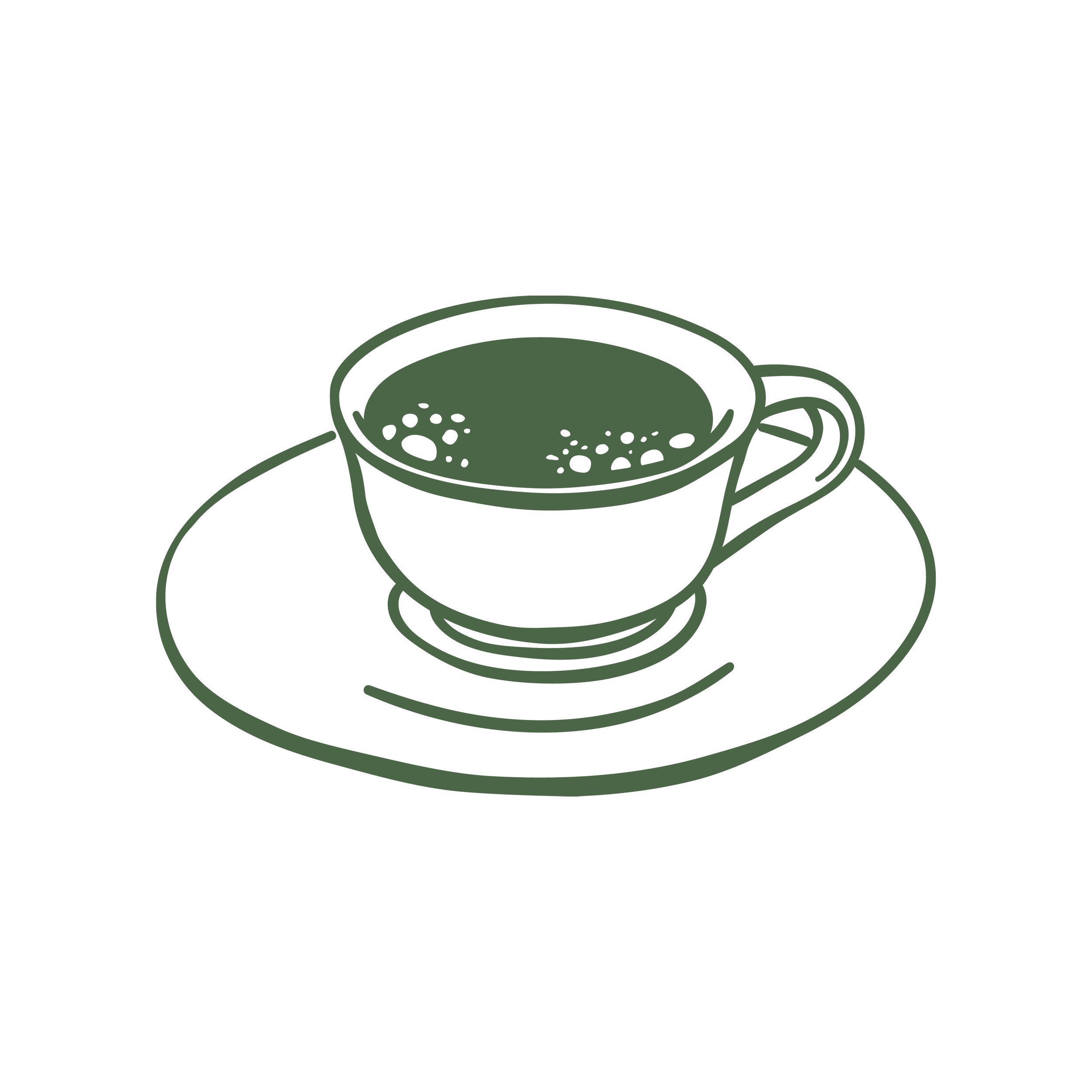 Line drawing of a coffee cup on a saucer with dark coffee.