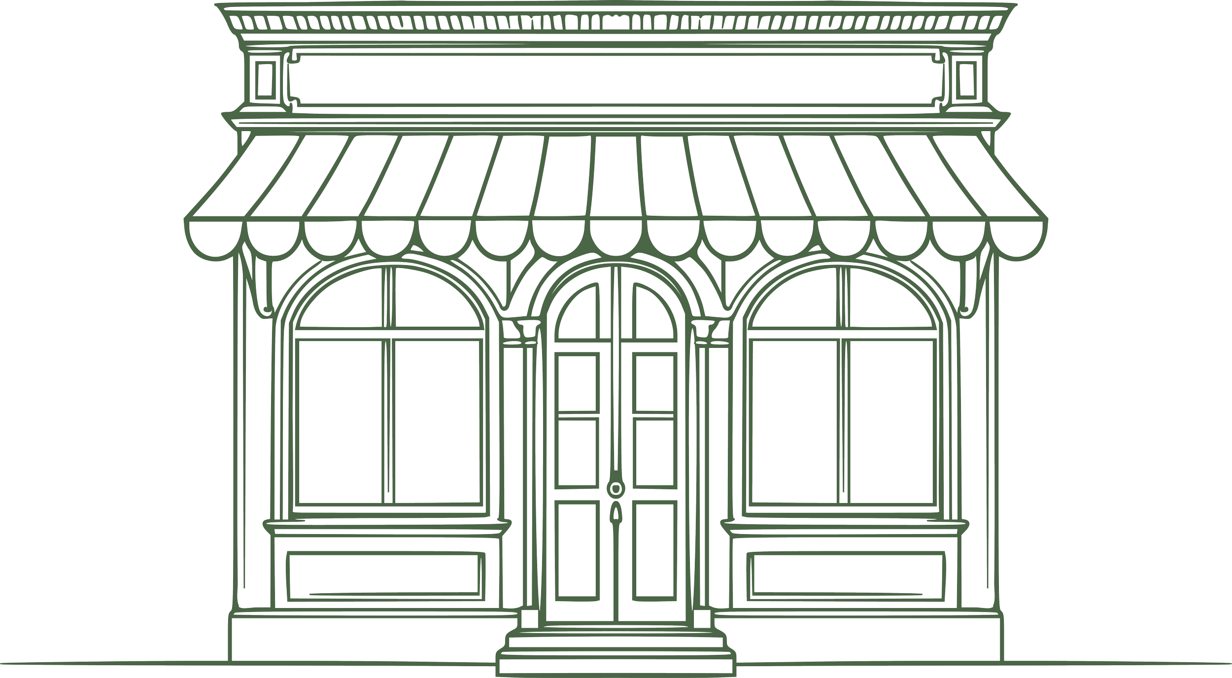 Outline drawing of a storefront with arched windows, a door in the center, a striped canopy, and decorative architectural details.