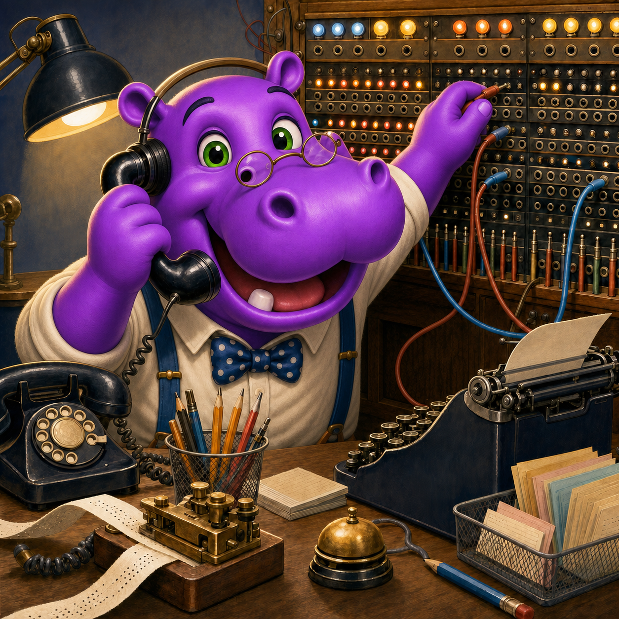 HippoScape hippo managing a vintage telephone switchboard