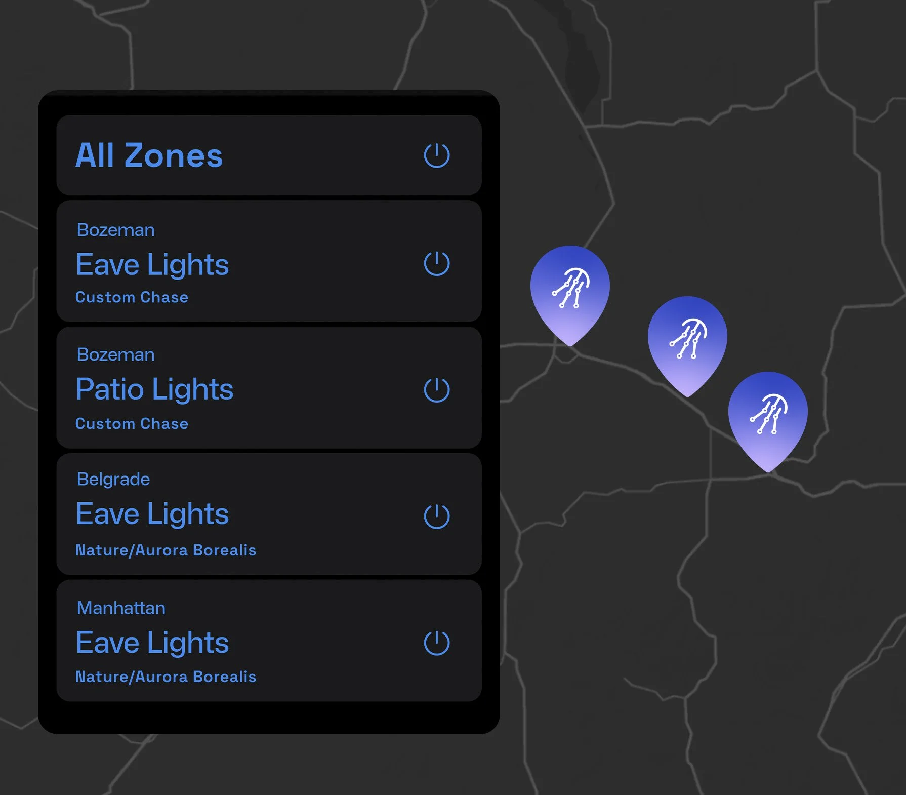 Map with marked locations for Eave Lights, Patio Lights, in Bozeman, Belgrade, and Manhattan, Montana, indicating controlled lighting zones.