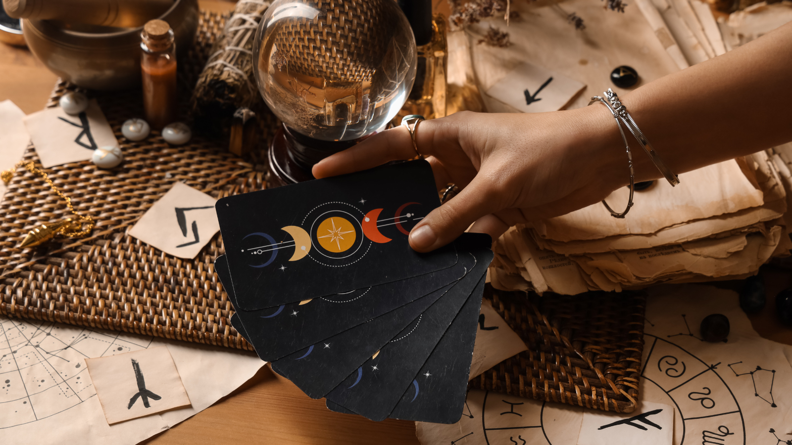 A person holding a deck of tarot or oracle cards with celestial designs, surrounded by astrology charts, paper notes, a glass of water or crystal ball, and small decorative items on a woven surface.
