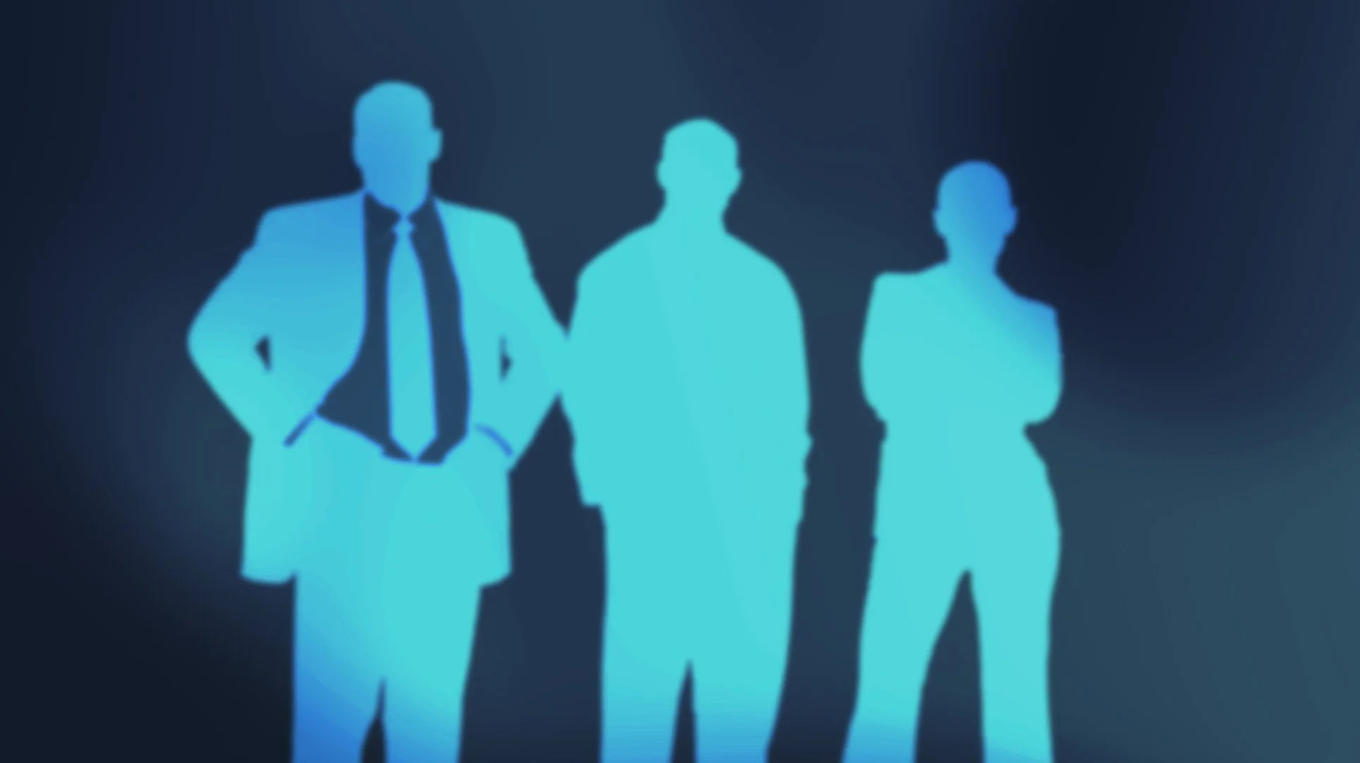 Silhouettes of three businesspeople standing against a dark background.