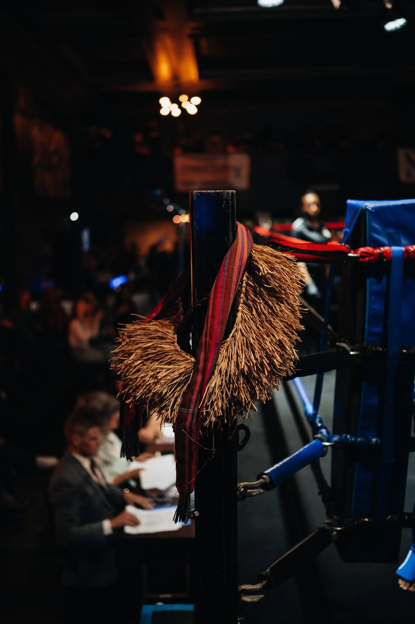 Traditional Muay Thai mongkol hanging on ring corner at All City Fight Night in Everett Washington