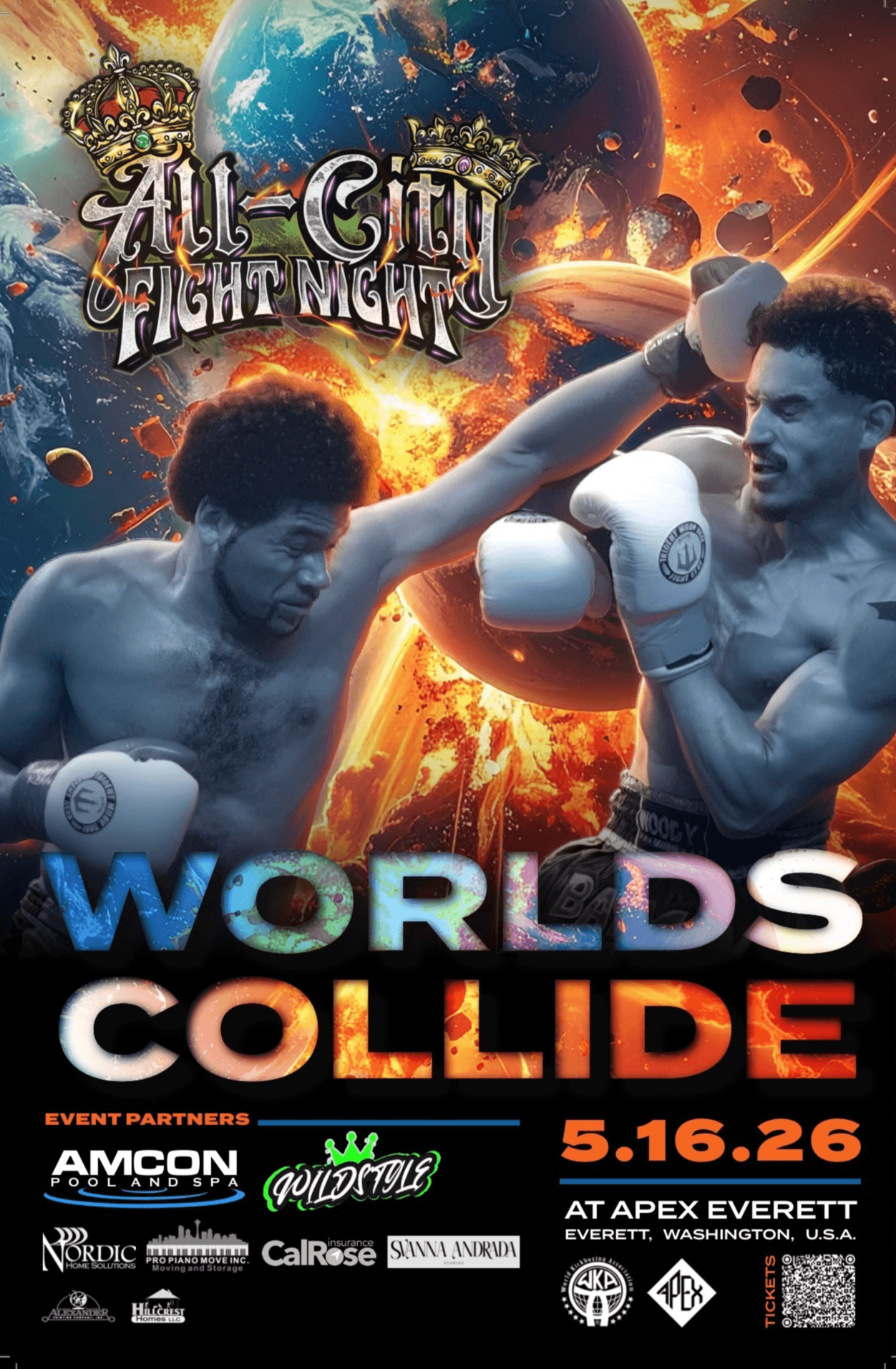 All City Fight Night Worlds Collide kickboxing event poster featuring two fighters and event details for May 16, 2026 at Apex Everett in Washington.