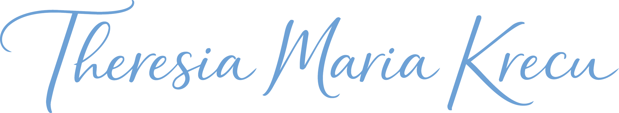 Logo mit dem Namen Theresia Maria Krec, geschrieben in blauer, eleganter Kalligrafie auf transparentem Hintergrund.