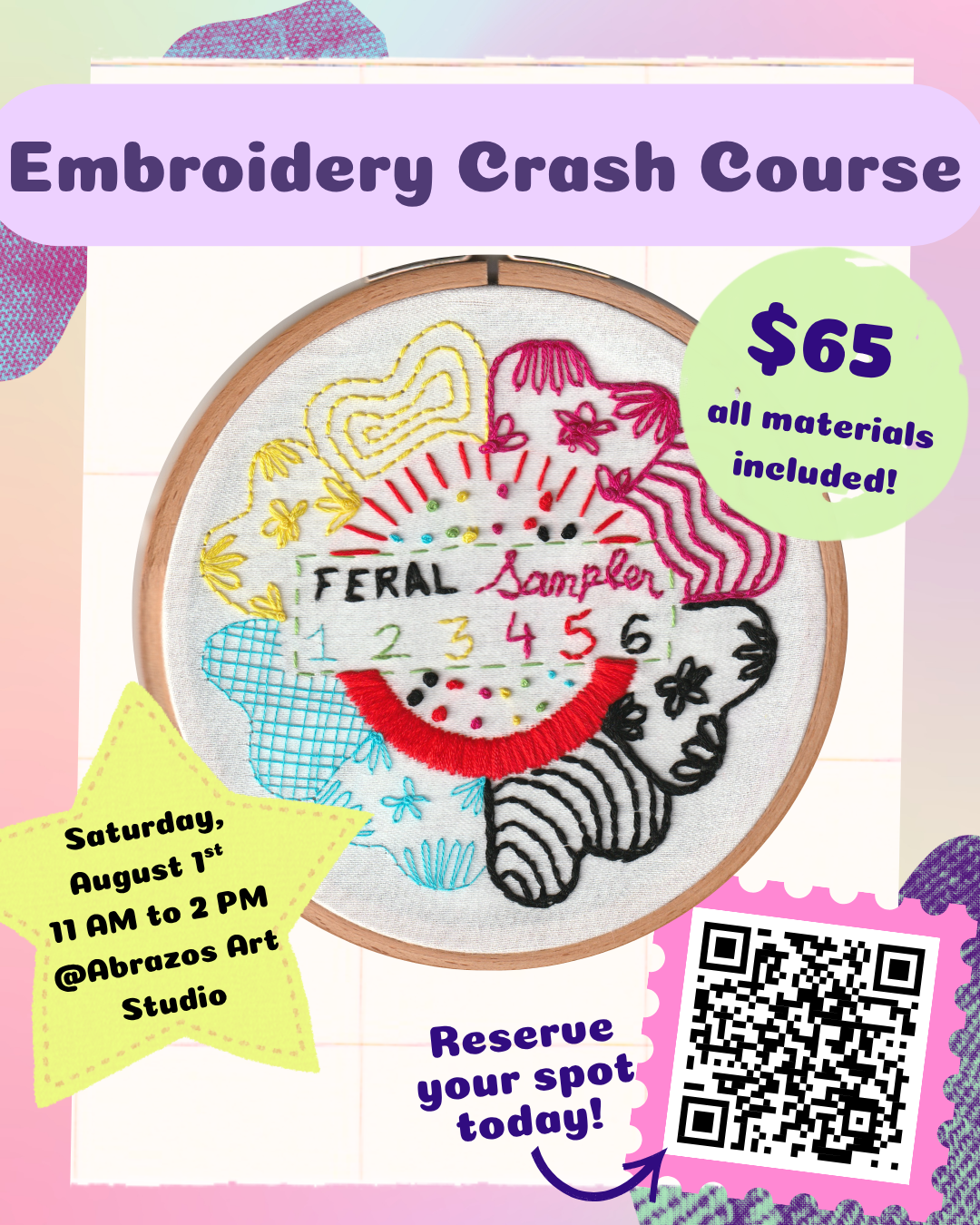 Embroidery Crash Course - August 1st - Abrazos Art Studio - 11 AM to 2 PM