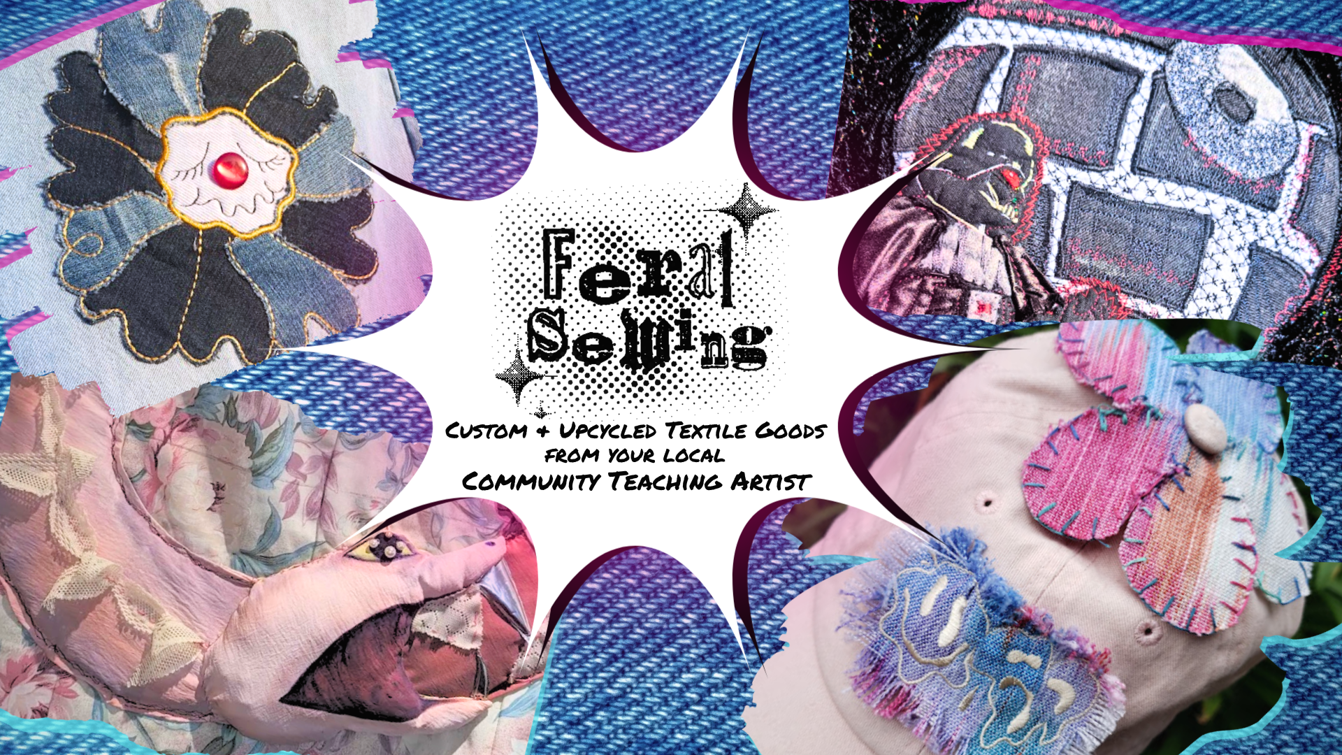 Feral Sewing splash page with some project highlights of their work (mixed media fiber arts). The text reads "Feral Sewing Custom & Upcycled Textile Goods from your local community teaching artist.")
