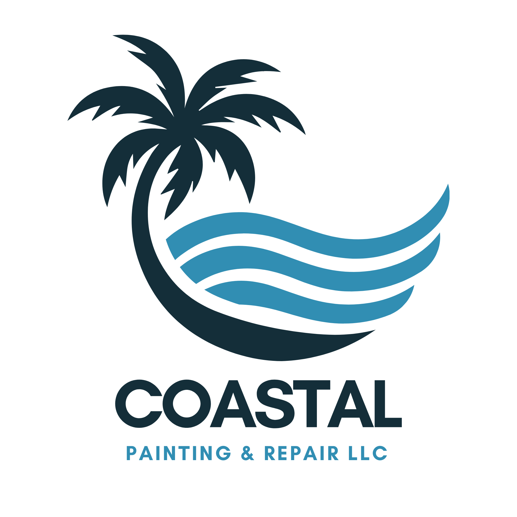 Logo of Coastal Painting & Repair LLC featuring a stylized black palm tree, ocean waves, and the company name in bold black and blue text.