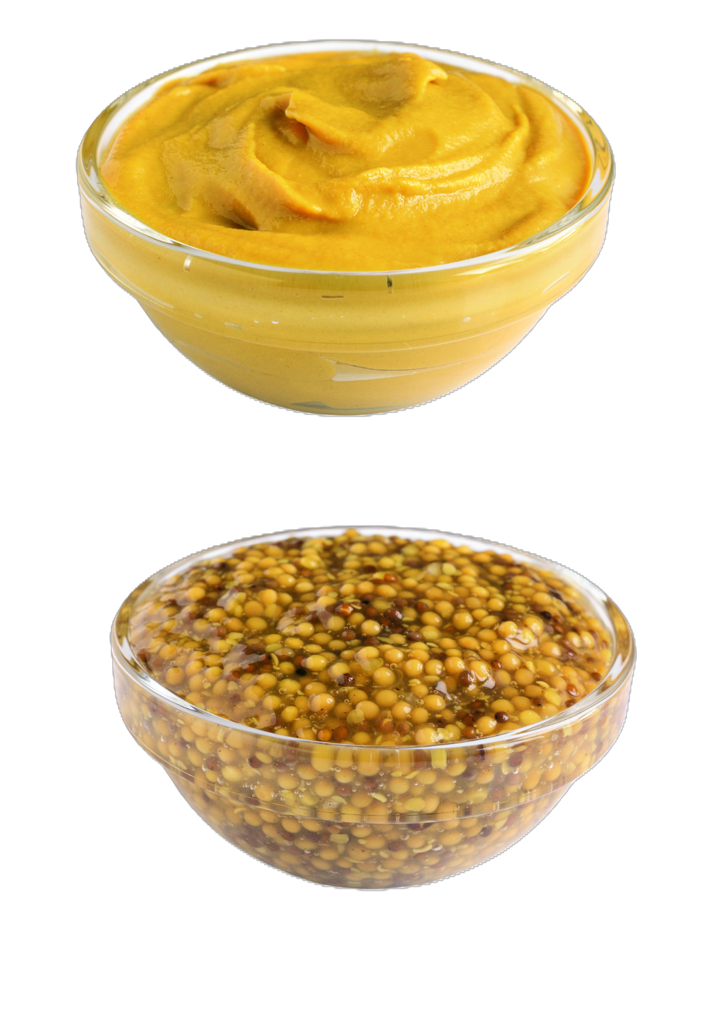 two little glass bowls with mustard in them. One has a yellow mustard and the other has a seeded mustard.