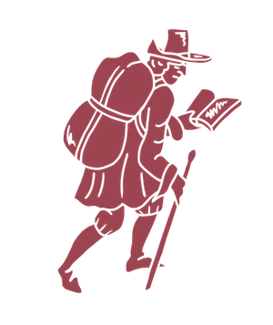 A person dressed as a hiker with a backpack, walking with a cane and reading a map, in a vintage style illustration.