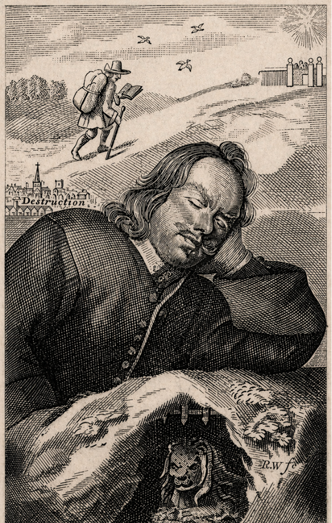 A black and white illustration of a man lying on a table. In the background, there is a landscape with a large building, a man with a backpack reading a book, birds, and a factory emitting smoke. The illustration appears to critique industrialization and its destructive effects.