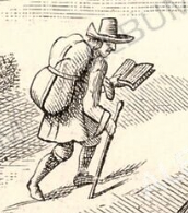 A person hiking outdoors while reading a book and wearing a hat
