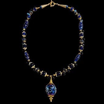 Blue Lampwork Pendant and Lapis Bead Necklace