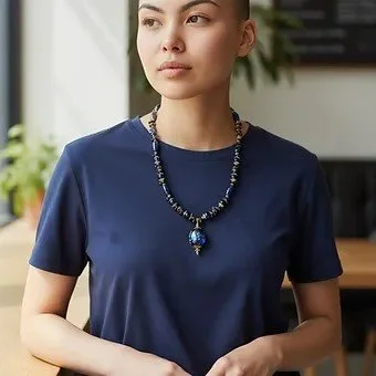 N040_Blue Lampwork Pendant and Lapis Bead Necklace_MODEL1.jpeg