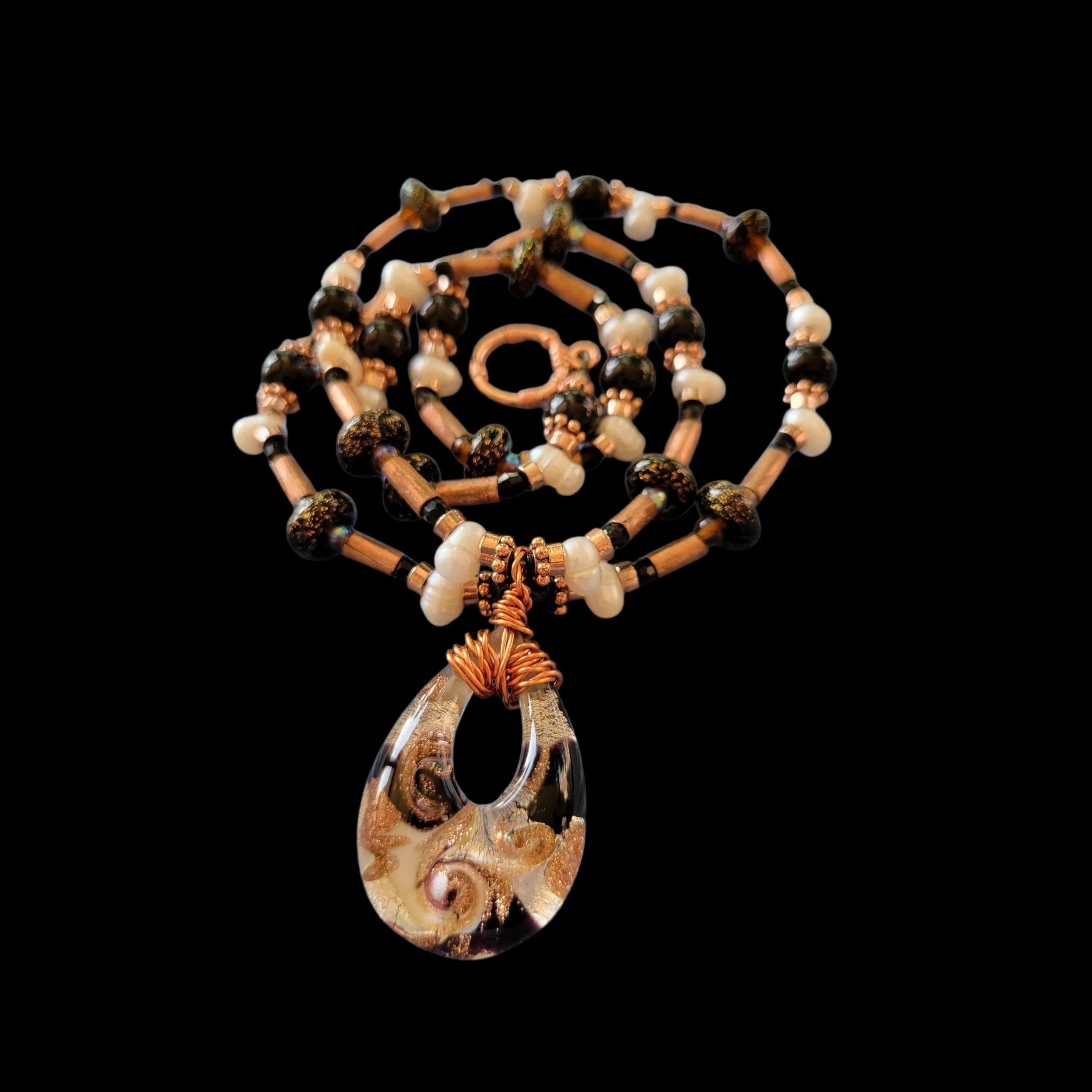 Copper.blk.white lampwork pendant, blk onyx, fresh wat pearls N043.jpeg