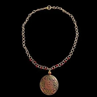 Round Brass Pendant, Copper, Red Czech Crystal and Gold-Filled Chain Link Necklace