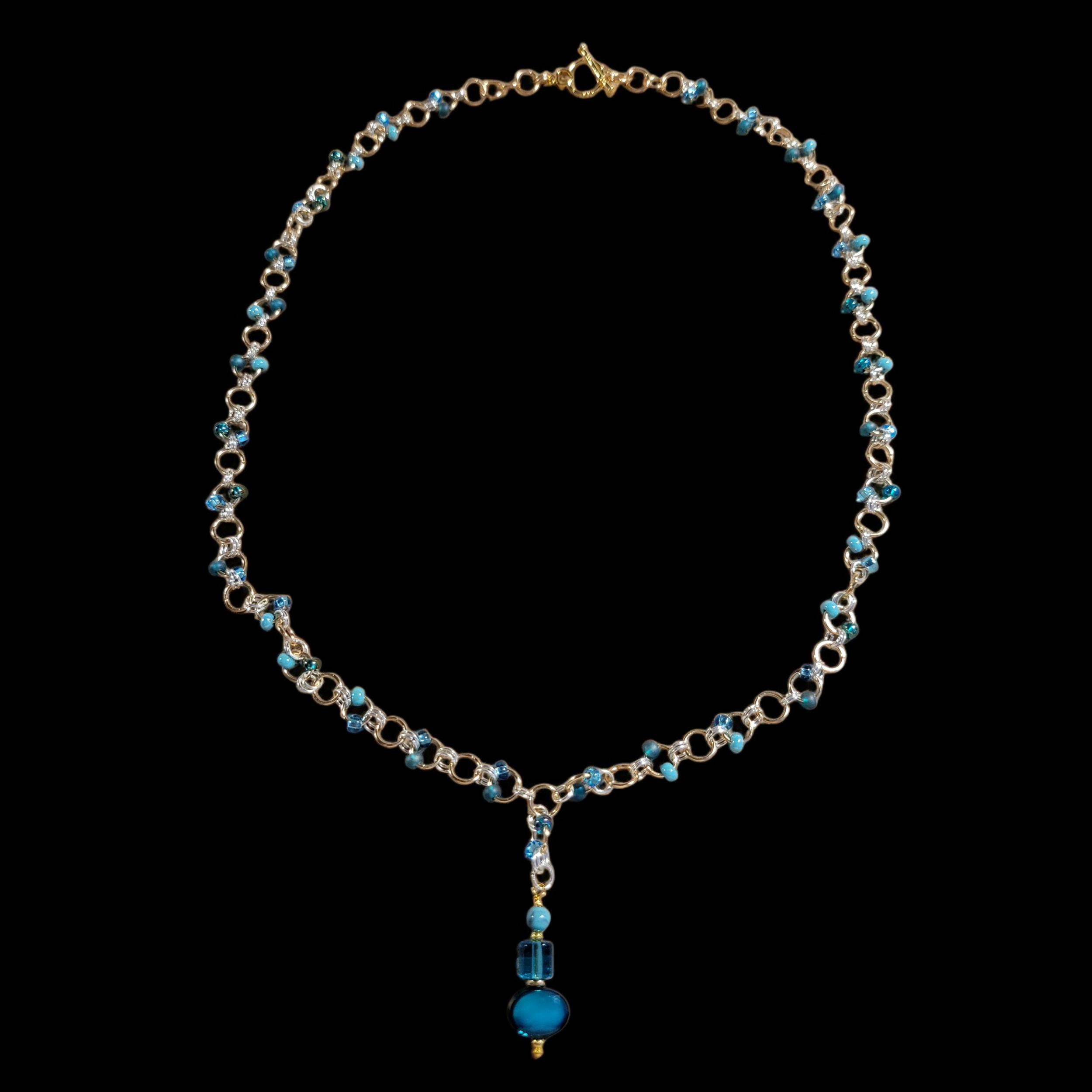 Aqua Czech Glass, Gold and Silver Metal Ring Necklace