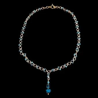 Aqua Czech Glass, Gold and Silver Metal Ring Necklace