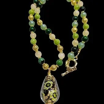 Sunflower Lampwork Pendant with Jade, Citrine and Calcite Bead Necklace