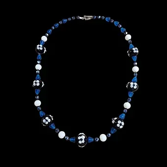 Dark Blue, Black and White Lampwork Bead Necklace