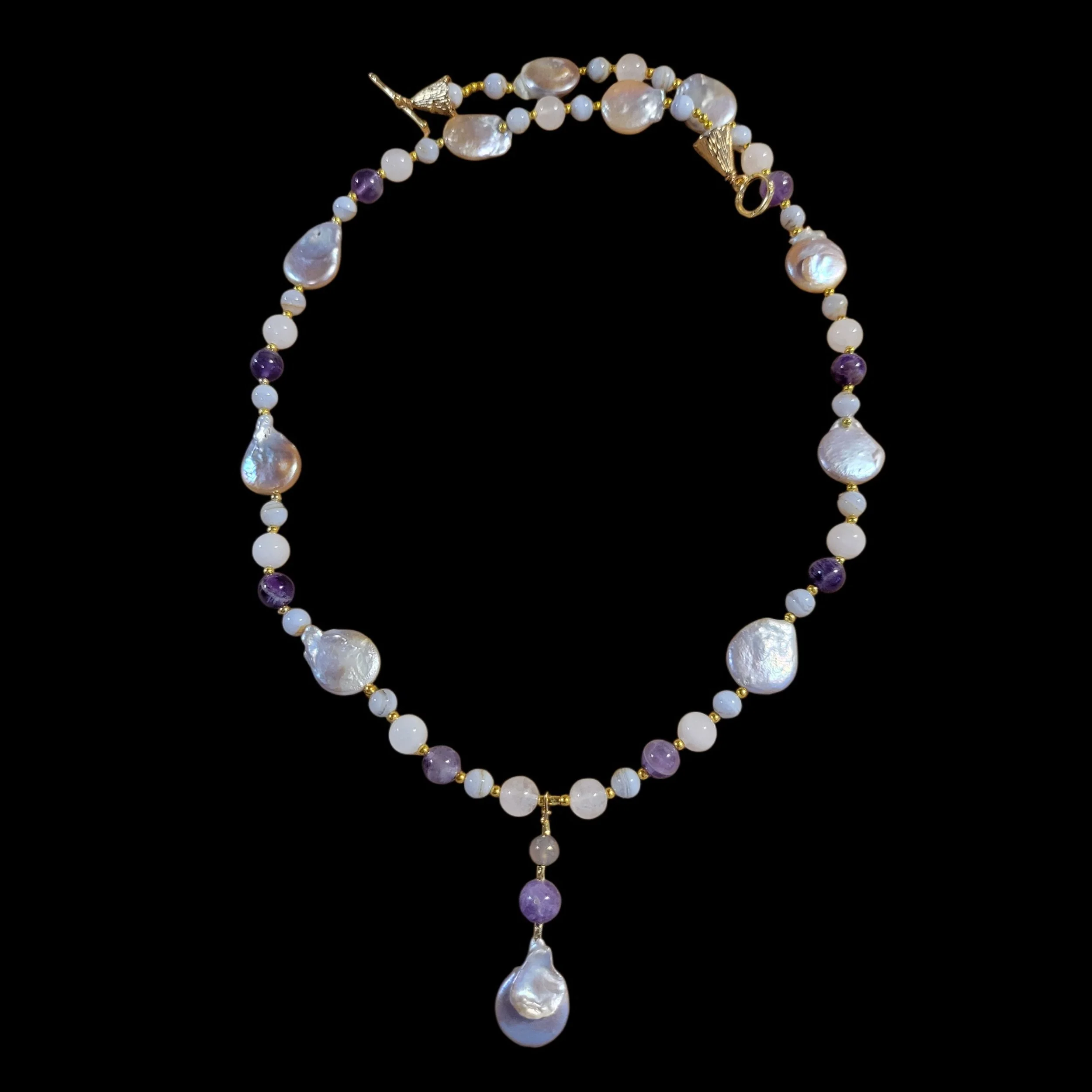 Freshwater Pearl, Amethyst, Aquamarine and Blue Lace Agate Necklace