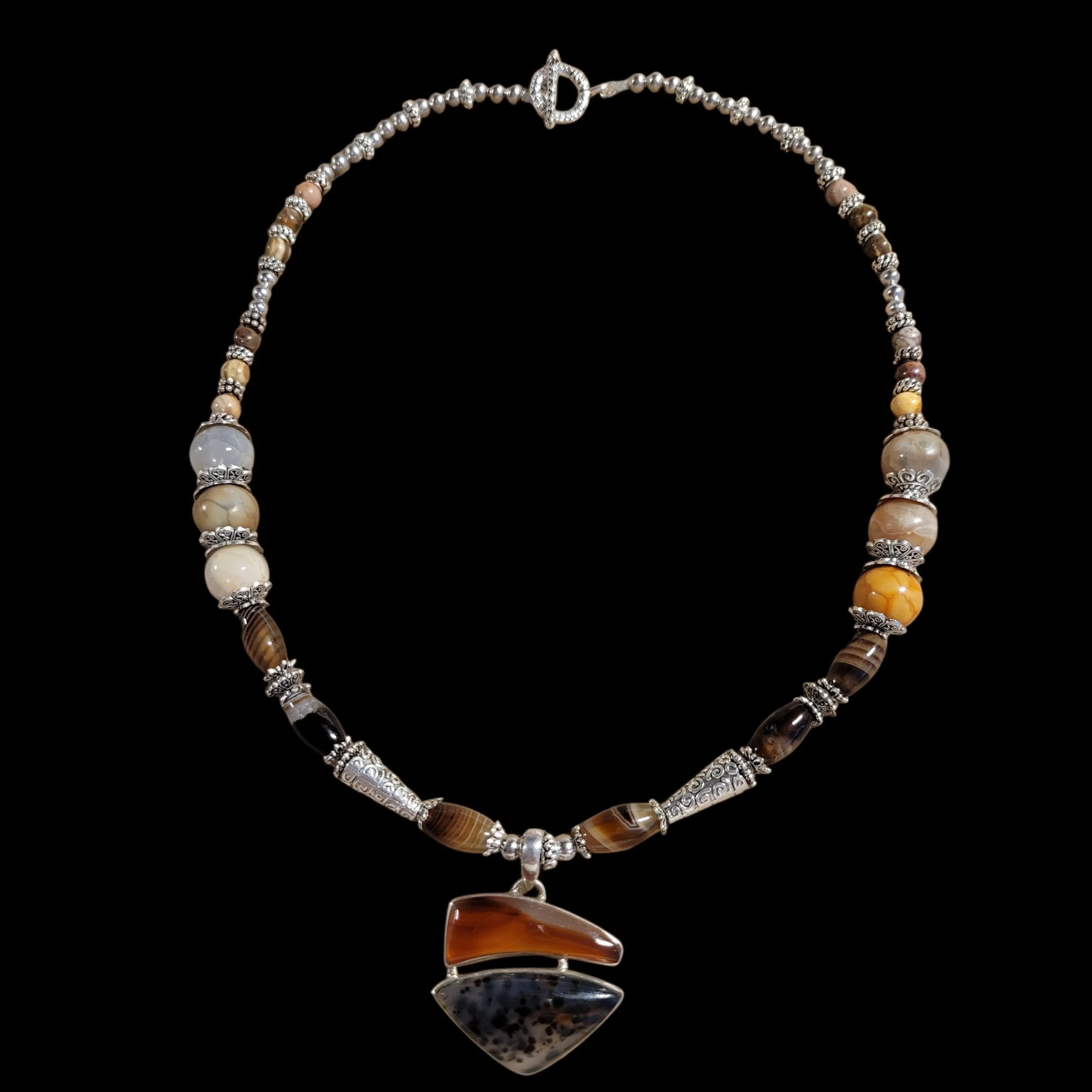 Montana Agate/Sterling Silver Pendant with Faceted Red Botswana & Carnelian Beads