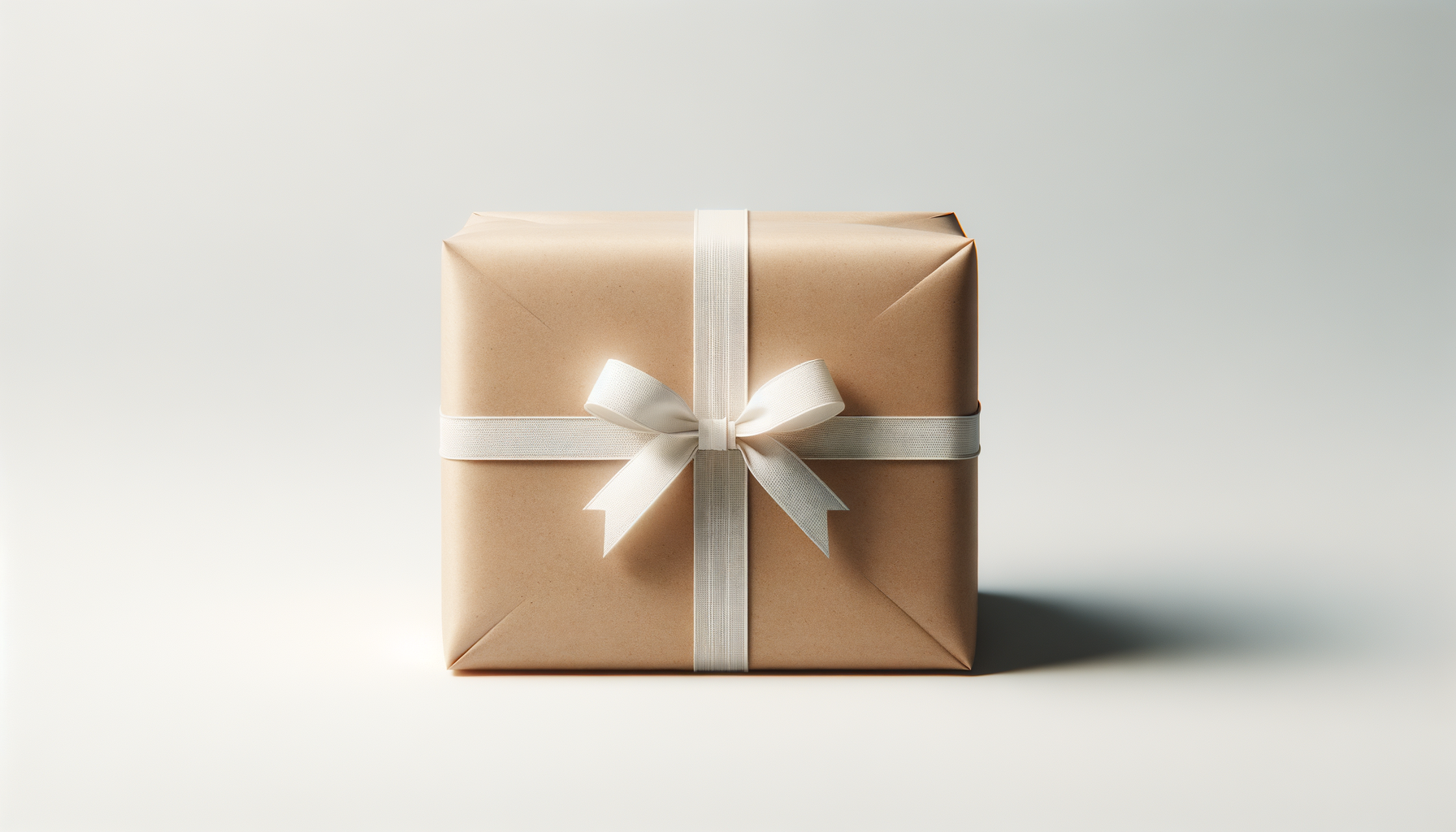 A neatly wrapped gift box with beige paper, tied with a white ribbon and bow, sitting on a light surface with a plain background.