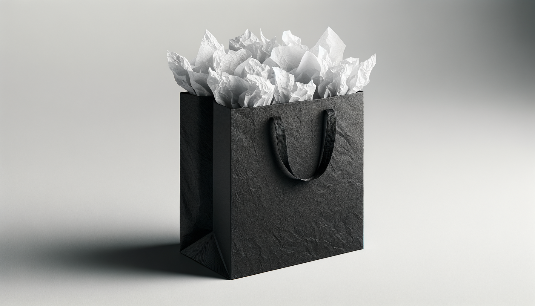 Black textured paper gift bag with handles, filled with crumpled white tissue paper, on a light gray background.
