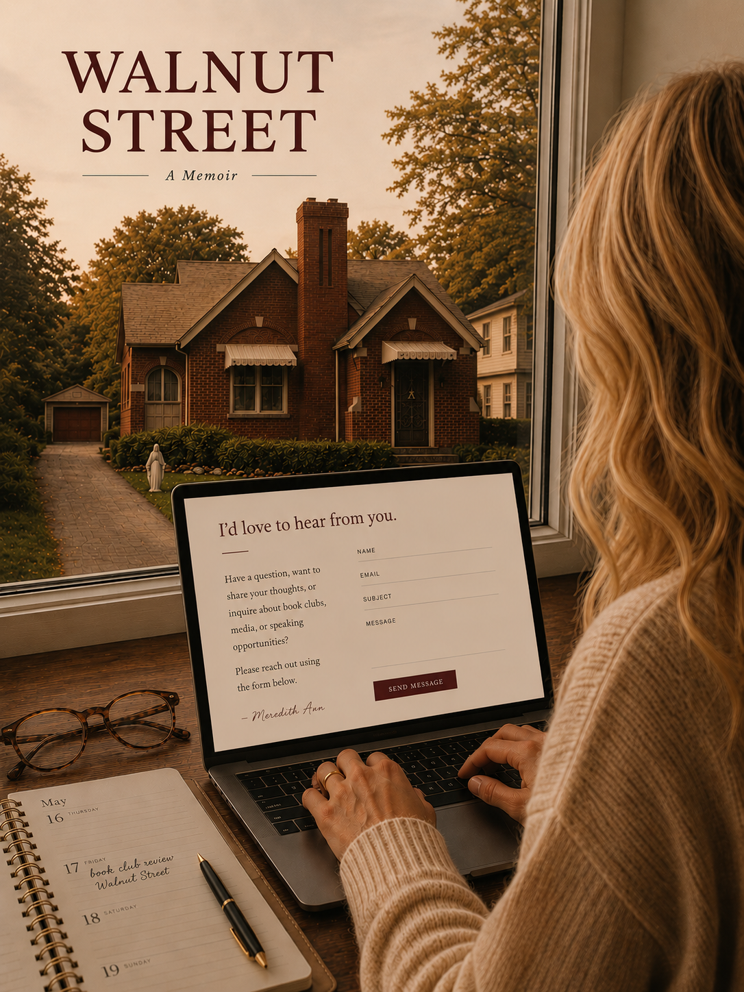 Woman sitting at a desk with a laptop, signing a contact form, while looking out the window at a brick house in a suburban neighborhood on Walnut Street.