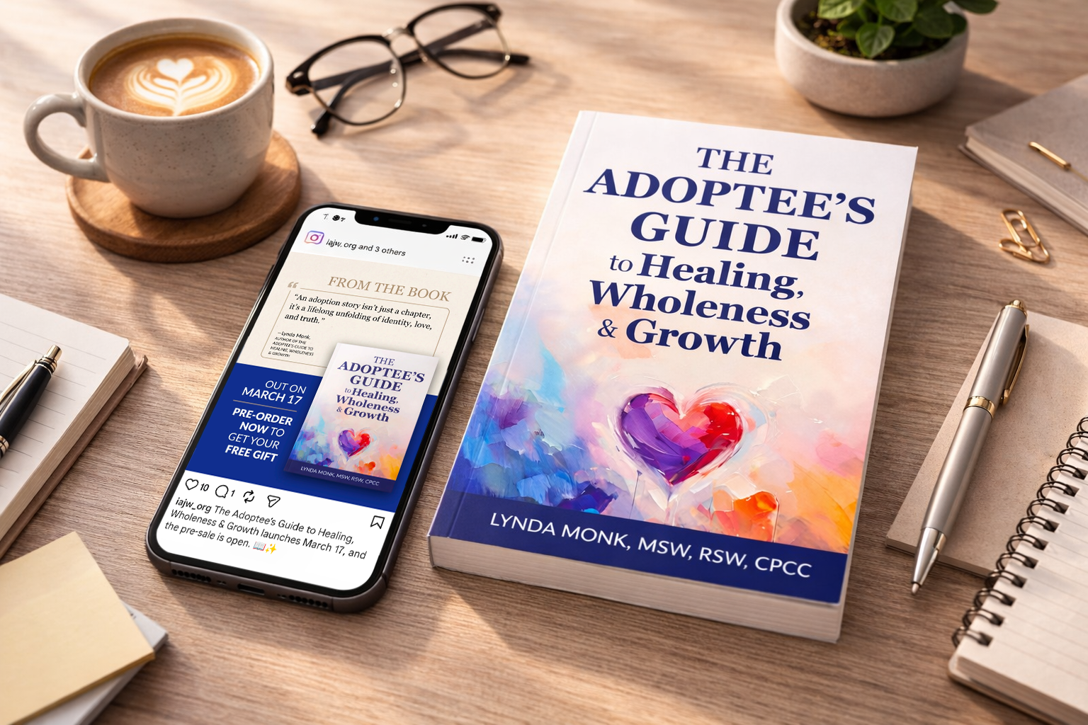 The adoptee's guide book and phone screen showing an instagram post promoting the book on  a desk with a mug, notebooks and a pen