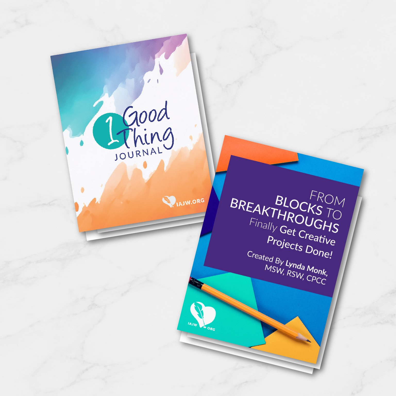 Images of two journal covers, "1 good thing journal" and "from blocks to breakthrough, how to finally get creative projects done!"