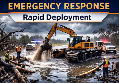 Emergency response crew deploying equipment with a bulldozer and hoses during a flooding incident in stormy weather.