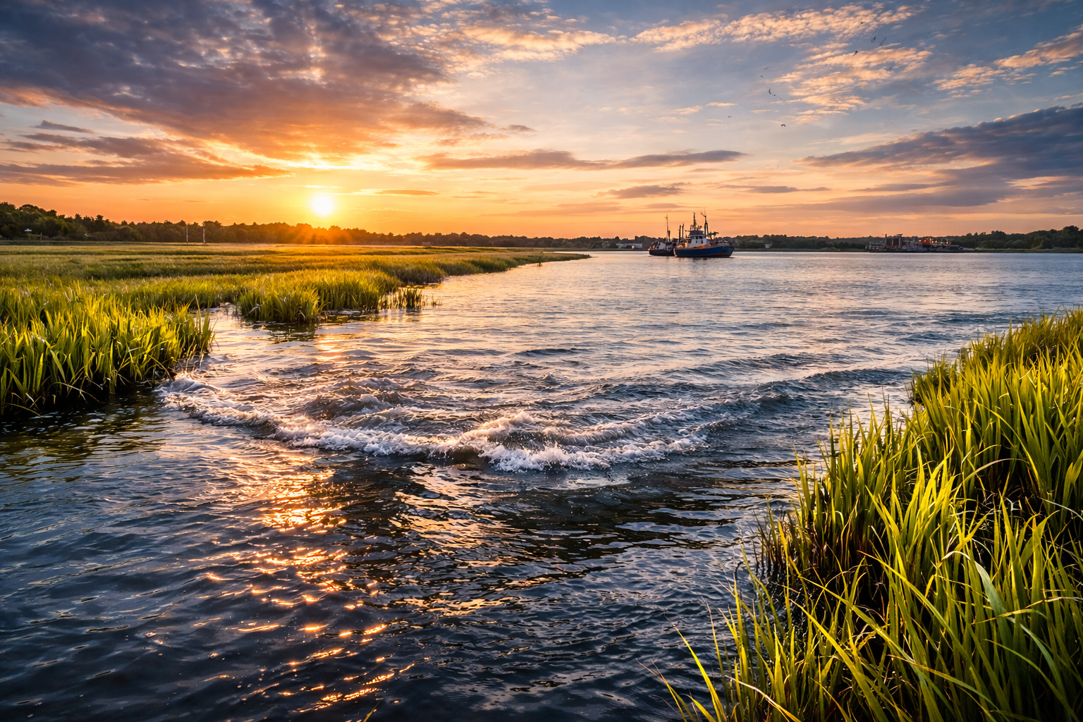 Sunset over a river with a boat in the distance and green grass along the shore.