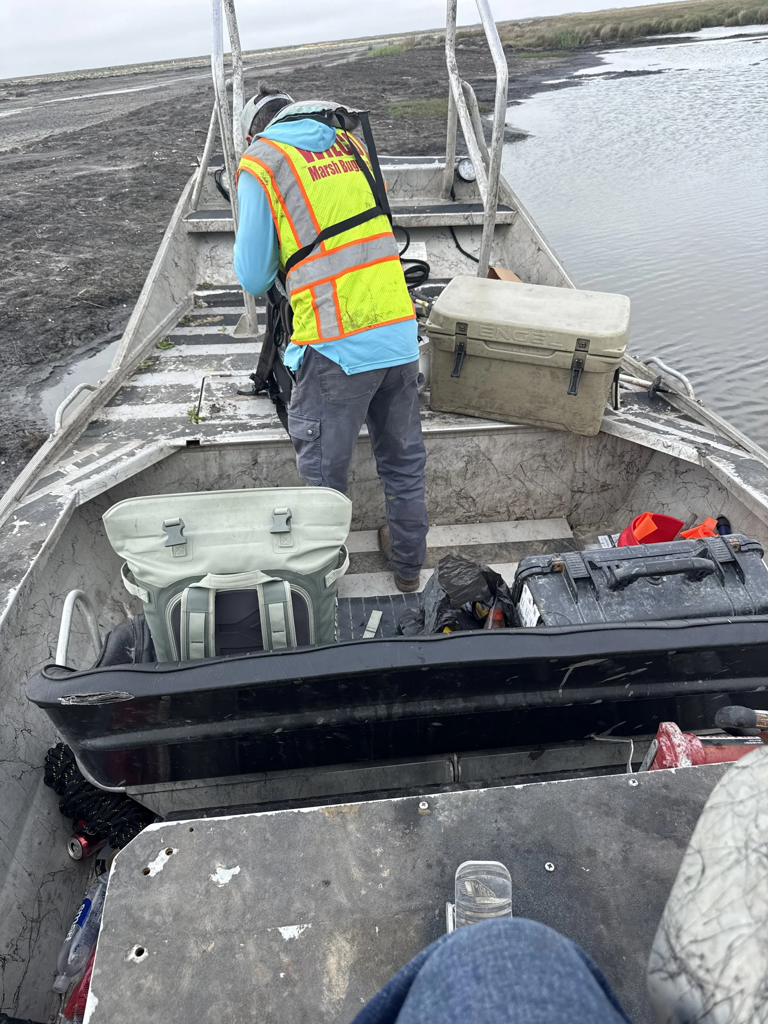 Person in a yellow and red vest aboard a small boat with equipment, preparing for marsh bug sampling in a wetland area.