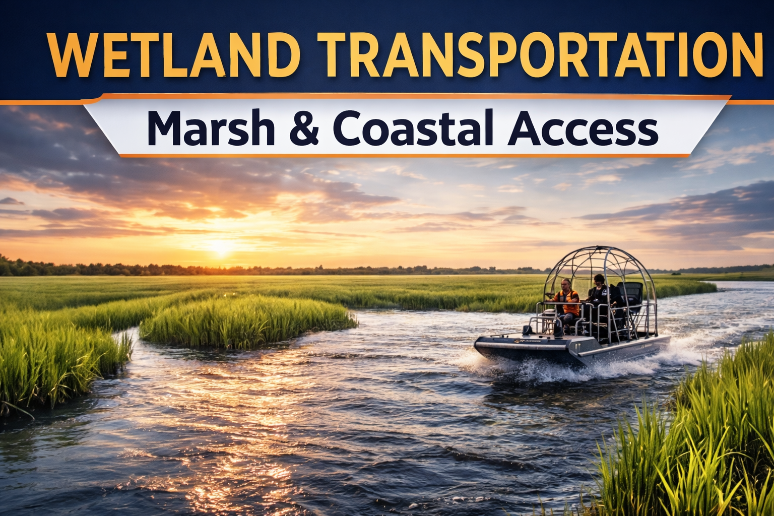 A wetland boat with two passengers navigating through marsh grasses at sunset, with the text 'Wetland Transportation Marsh & Coastal Access' overlaid.