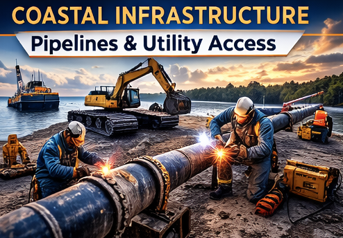 Workers in safety gear welding a large pipeline on a construction site near water, with heavy machinery and boats in the background, under a sunset sky.