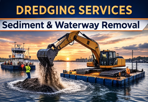 A dredging barge with a large excavator removing sediment from a river during sunset, with workers nearby.