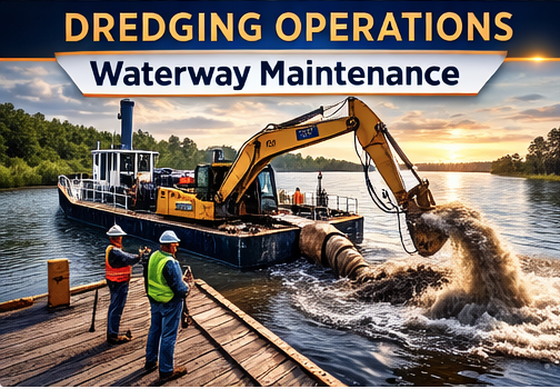 A dredging operation underway on a waterway, with workers in safety gear and an excavator removing sediment from the water, during sunset.