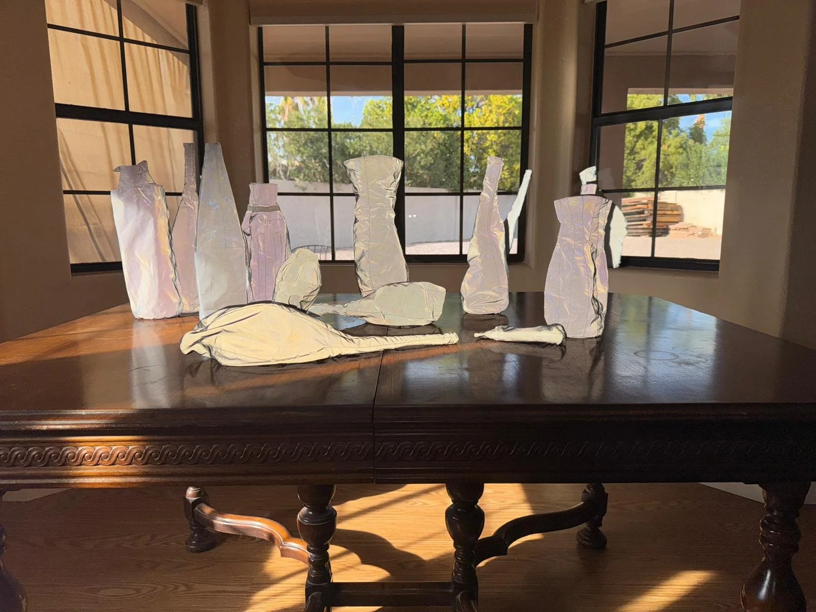 Lit Wing Hung- Still Life 2024: Made in USA Ratio 1:1 sewn with Singer heavy duty model 4432 reflective fabric, air in Arizona