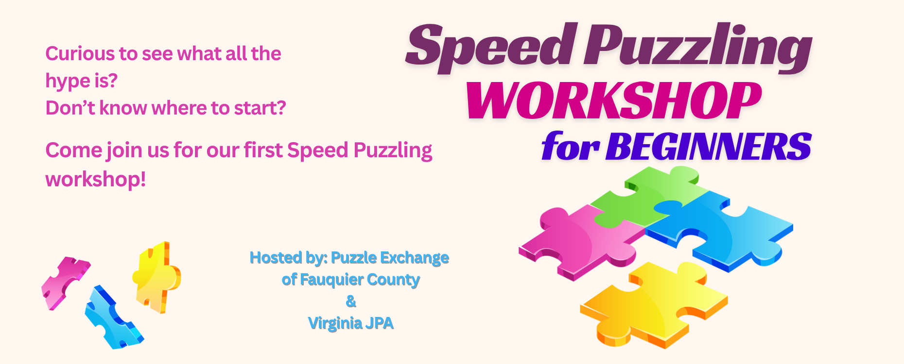 Flyer for a speed puzzling workshop for beginners, hosted by Puzzle Exchange of Fauquier County and Virginia JPA, featuring colorful puzzle pieces.
