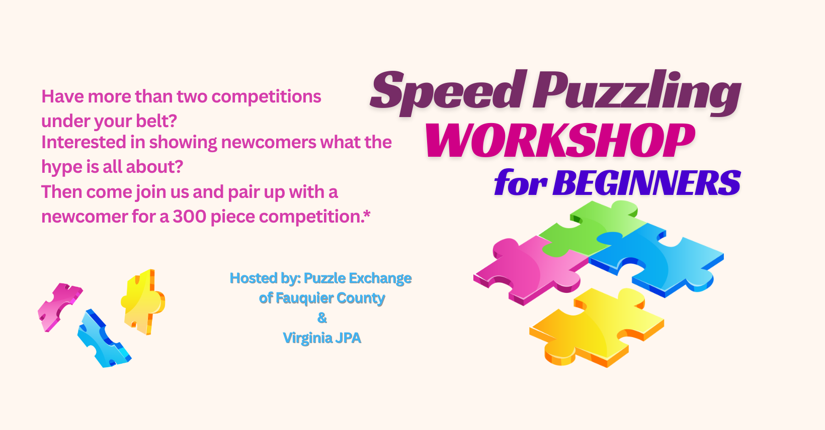 Colorful flyer promoting a speed puzzling workshop for beginners, hosted by Puzzle Exchange of Fauquier County and Virginia JPA, featuring interlocking puzzle pieces in pink, yellow, green, blue, and orange.
