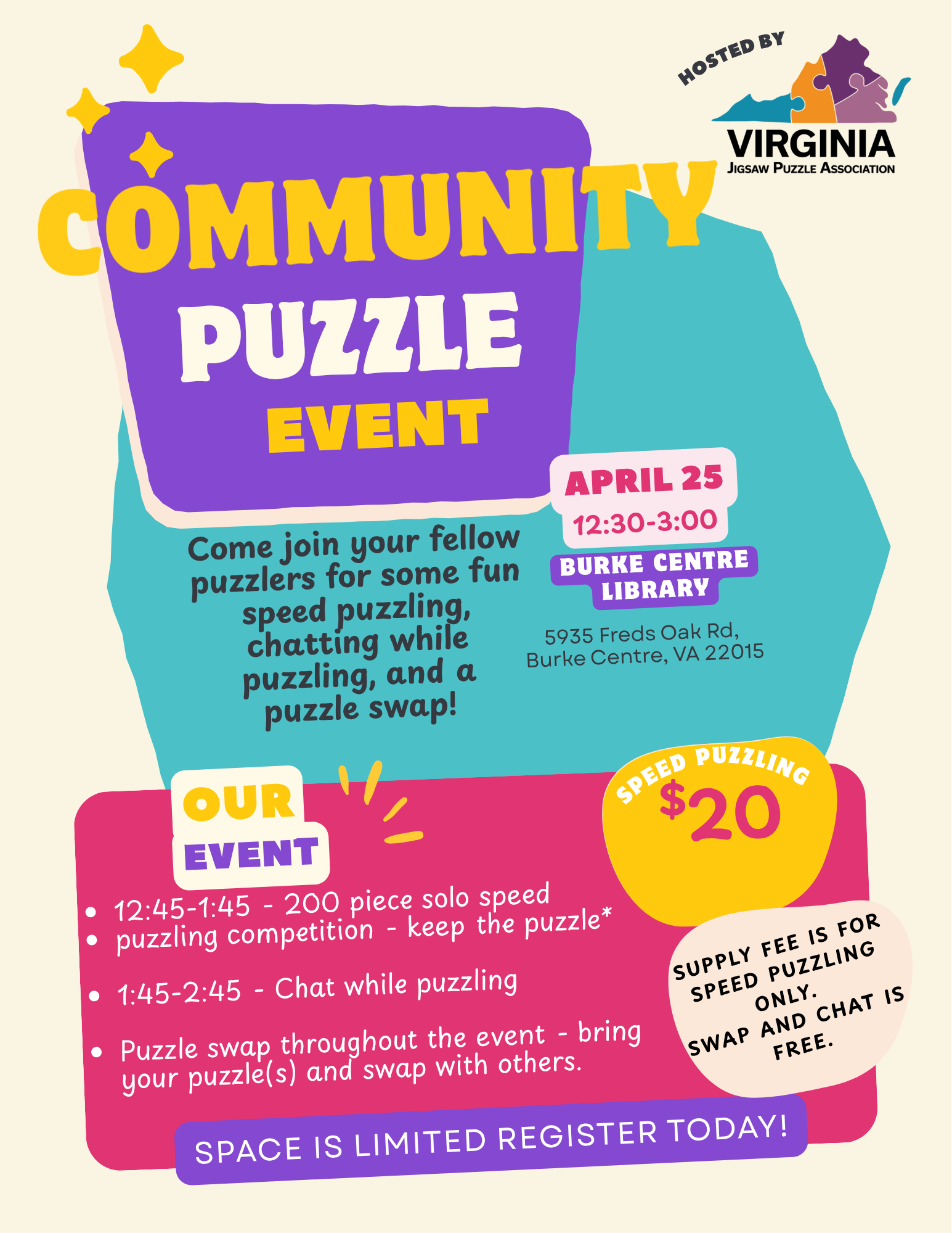 Flyer for a community puzzle event hosted by Virginia Jigsaw Puzzle Association at Burke Centre Library on April 25 from 12:30 to 3:00 PM. Details include speed puzzle competition, chat, and puzzle swap, with a $20 fee for speed puzzles.