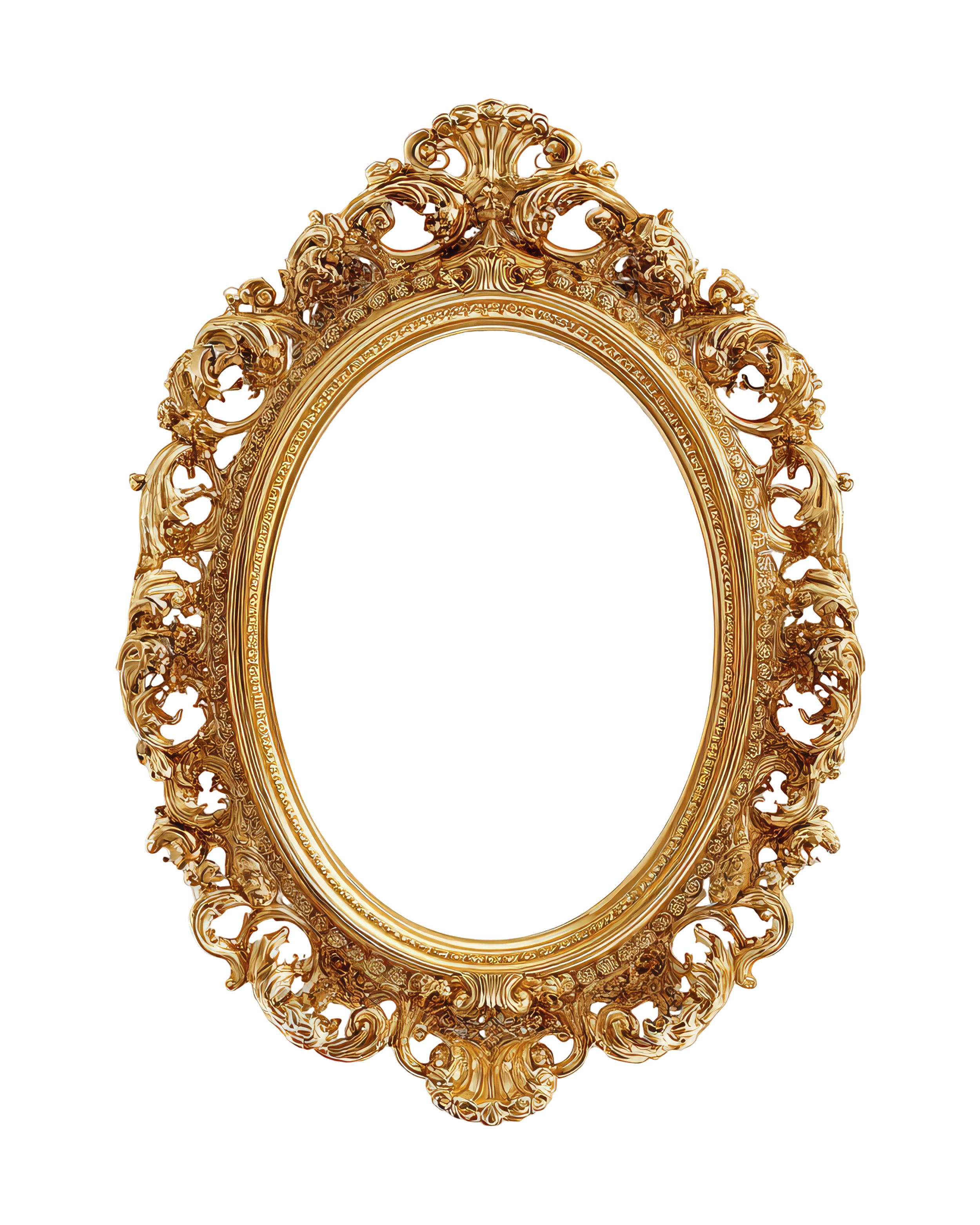 An ornate, gold decorative mirror frame with intricate floral and scroll designs.