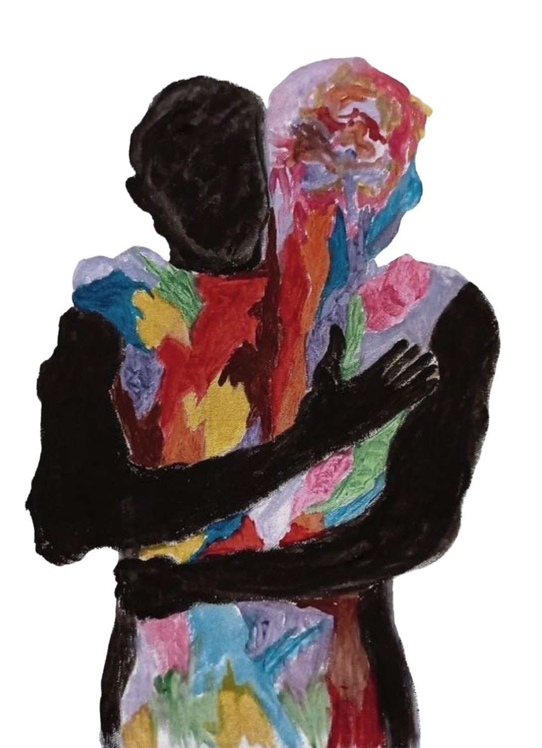 A colorful abstract portrait of a person embracing themselves with one arm across their chest, painted with vibrant, multicolored brushstrokes.