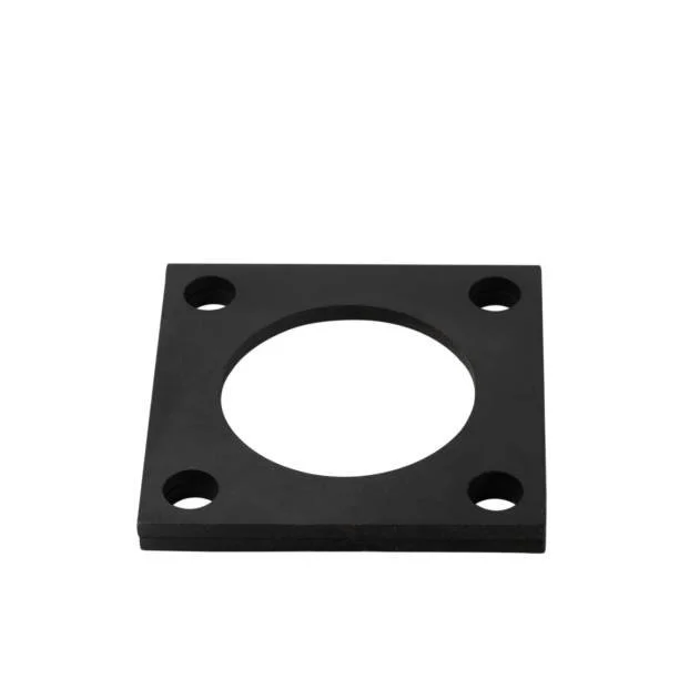 Black square foam gasket with a central hole and four corner holes on a white background.
