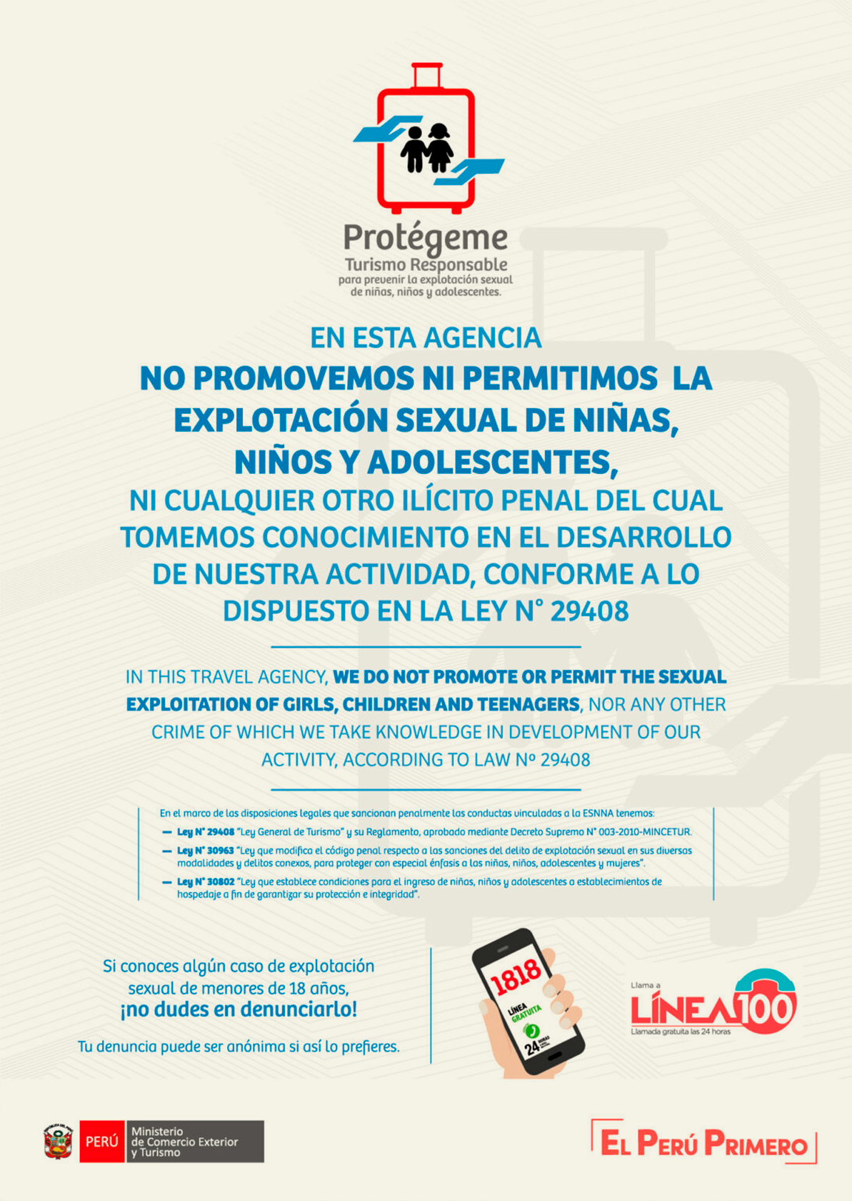 Aviso institucional en español y quechua contra la explotación sexual infantil en agencias de viajes. Incluye un logo con un candado, icono de una familia, y un teléfono 1818 para denuncias anónimas. Menciones del Ministerio de Comercio Exterior y Turismo del Perú y slogans como "El Perú Primero".